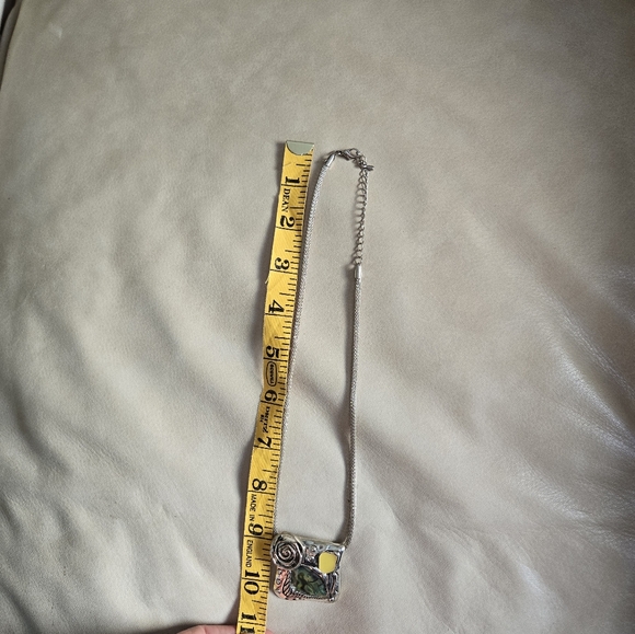 Abalone Pendant Necklace Artsy Artist Made & Yellow Stone Silver Tone Statement - Picture 11 of 15